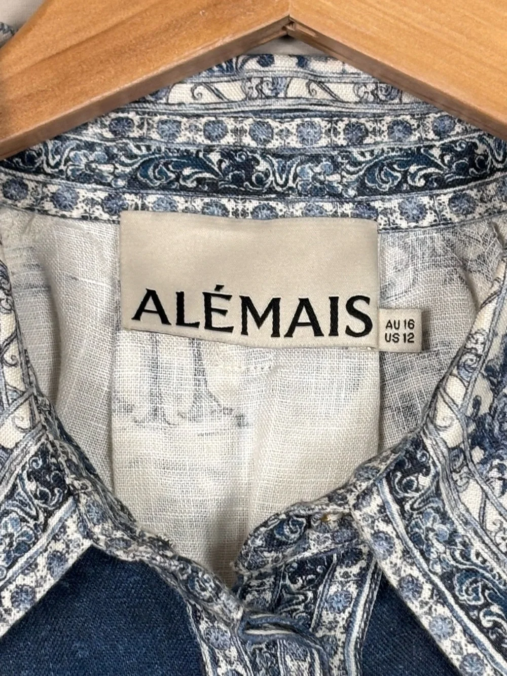 ALEMAIS Linen Toile Print Belted Maxi Dress Pockets Blue White US 12 - Picture 2 of 7